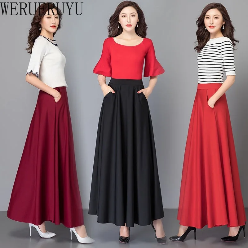 Saia longa linha A de cintura alta feminina, monocromática, roupas de verão, moda elegante, saias vintage, preta, Y2K, 2024