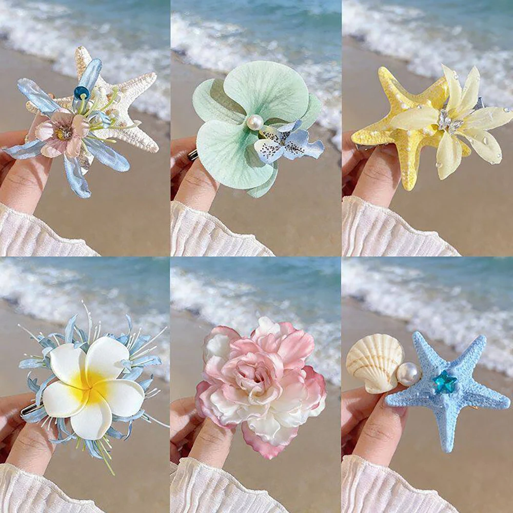 Women'S Floral Hair Clip, Starfish And Shell Artificial Floral Hair Clip, Adorable Summer Tropical Flower Hair Accessory