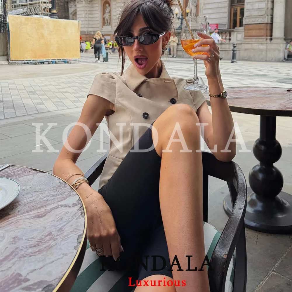 KONDALA Casual Chic Brown Short Sleeve Blazer Double Button Slim Jacket Fashion 2026 Summer Office Lady Sexy Blazer Y2K Girl Top