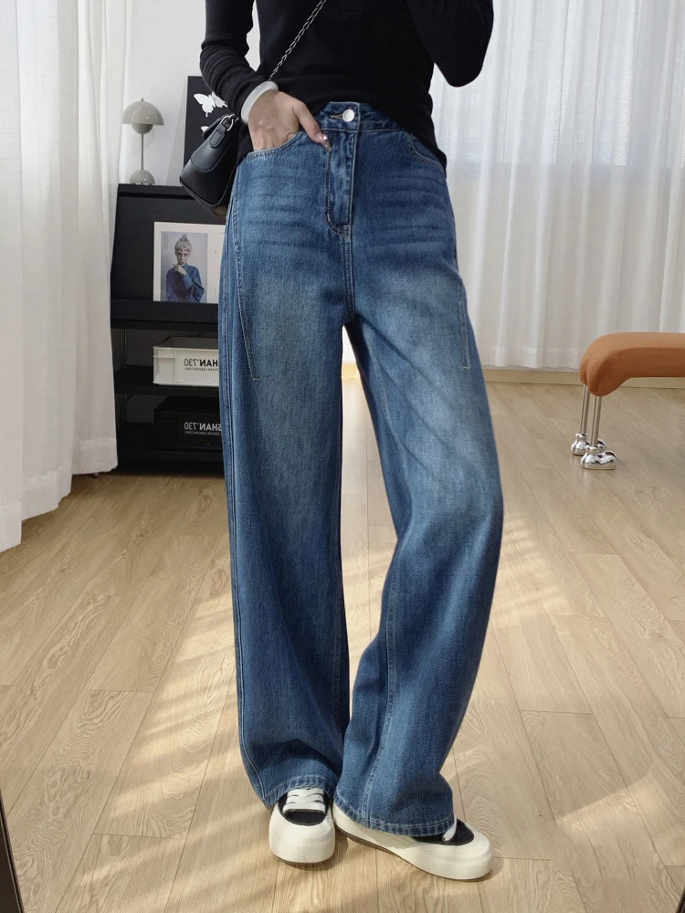 プラスサイズ アメリカンレトロ デニムジーンズ レディース 秋 ペアープレーン ルーズ ハイウエスト スリム ストレート ワイドレッグパンツ カジュアル スタイル