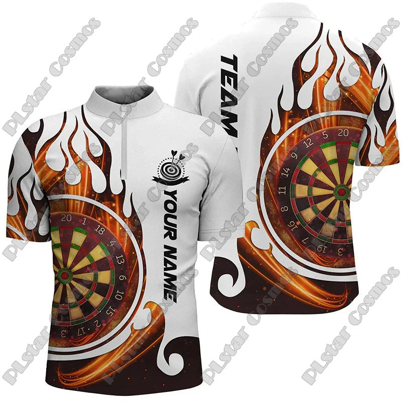 Personalized Name Fire Flame Darts Lightning & Dartboard 3D Printed Fashion Men Summer Zip Polo Shirt Dart Team Jerseys XKP13