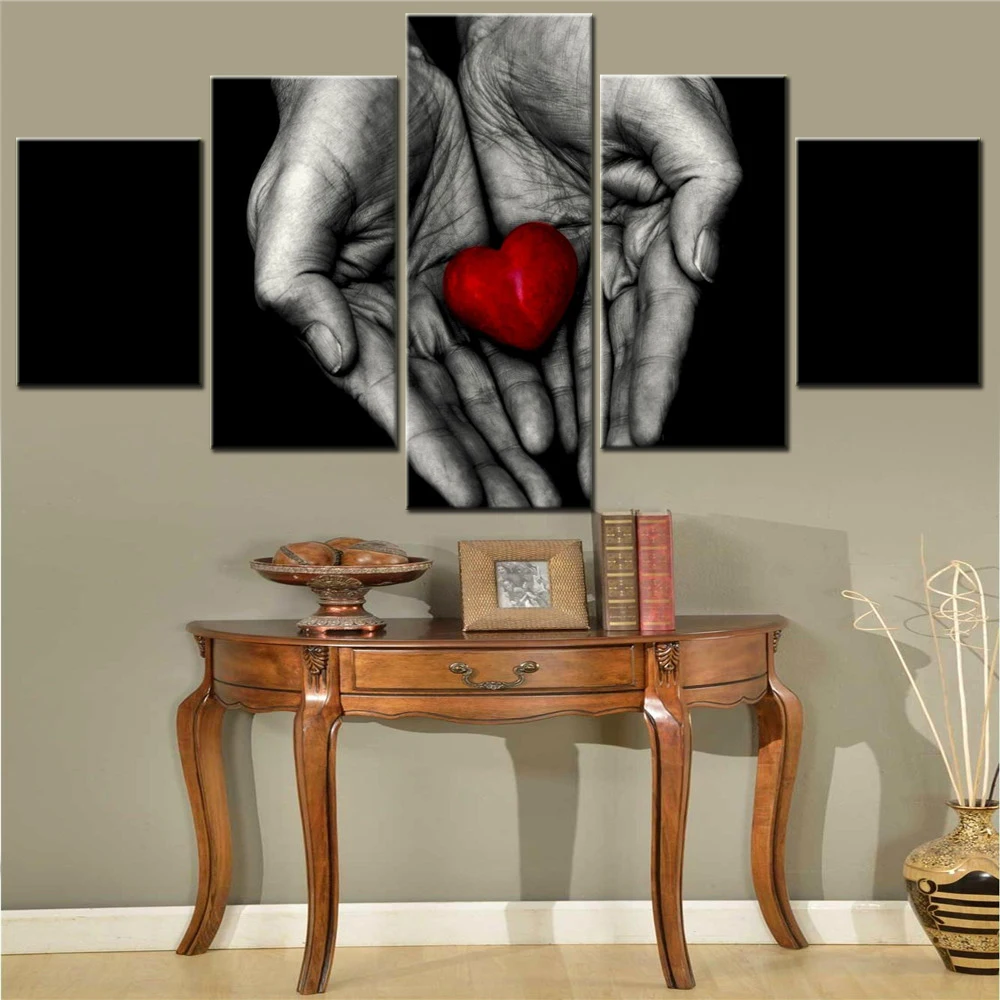 5 Pieces Canvas Wall Arts Poster Painting Black Dark Red Heart Holding Hands Wallpaper Home Decor