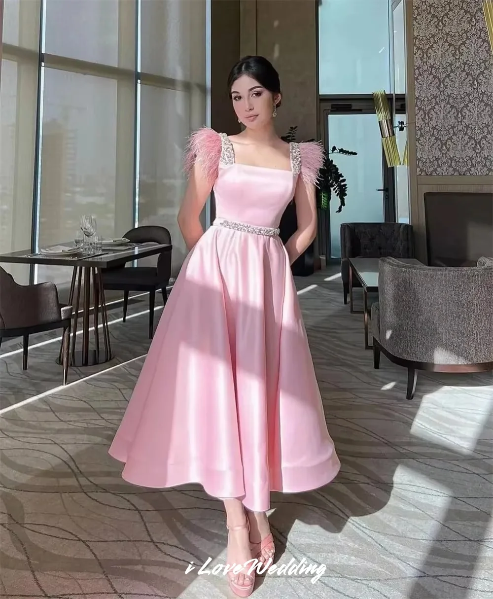Pink Square Neck Cocktail Dress 2025 Satin Sleeveless Tea-Length A-Line Ruched Crystal Feather Wedding Guest Dresses Customized