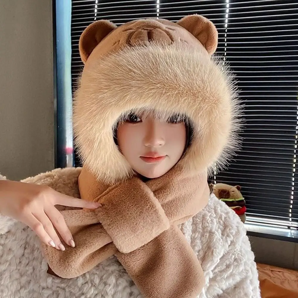 ファッションプラッシュ冬用一体型キャップスカーフ、暖かい厚手の耳当て付き帽子、ソフトな防風スカーフセット、フード付きアウトドア用