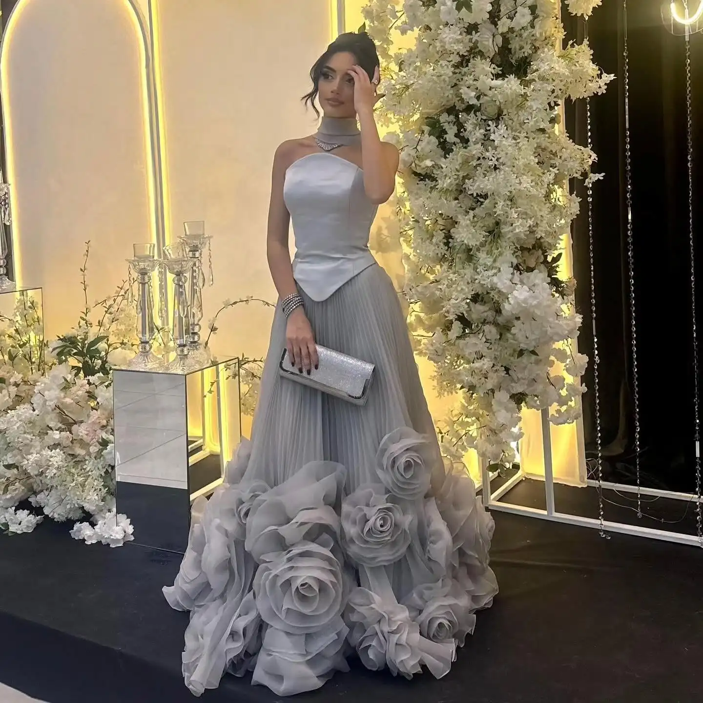 

Customized Saudi Evening Dresses Floor Length Off Shoulder Prom Dresses Formal Women Party Gowns Sliver Maid of Honor Dress