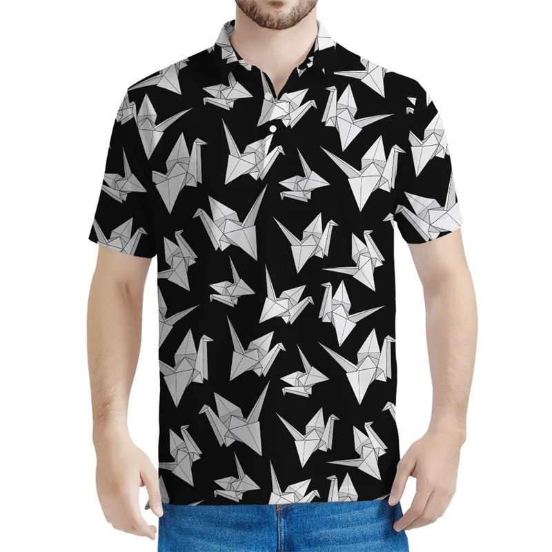 Polo con patrón de pájaro de Origami colorido para hombre, camiseta estampada en 3d, Tops de verano, camiseta de gran tamaño, camiseta informal de manga corta con solapa