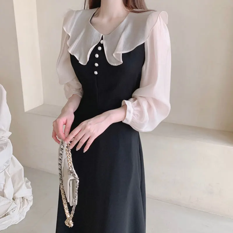 Ele Autumn Long Dr with Pearl Buttons Color Blo Micro Transparent Bubble Sve High Waist A-Line Skirt Korean Sle