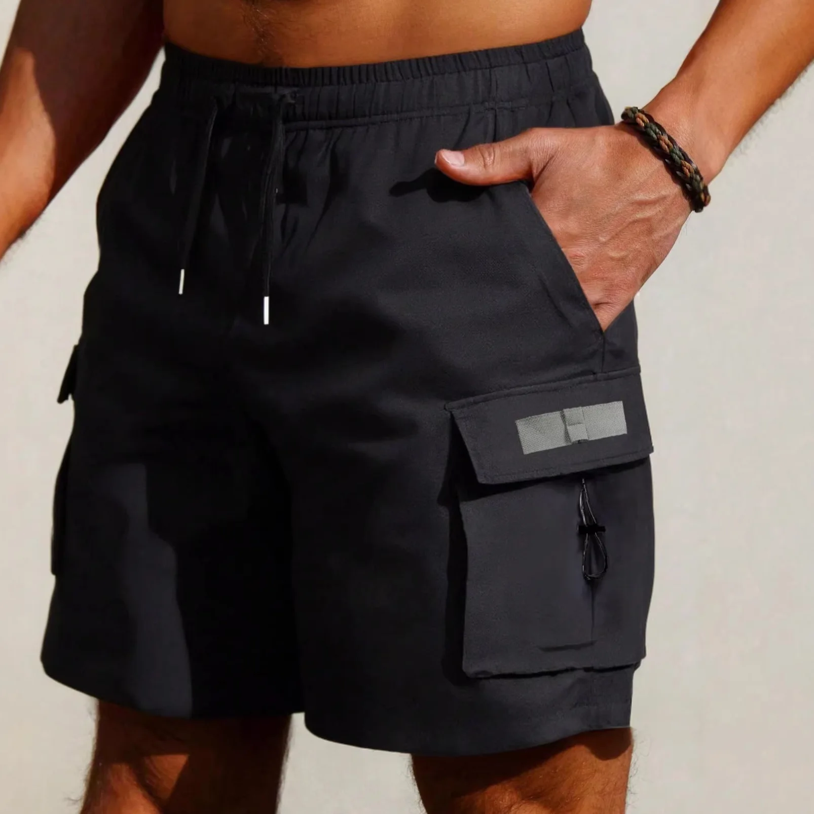 

Летние мужские однотонные шорты-бриджи 2026 года с прямыми штанинами, многокарманные, повседневные, из полиэстера, со средней посадкой