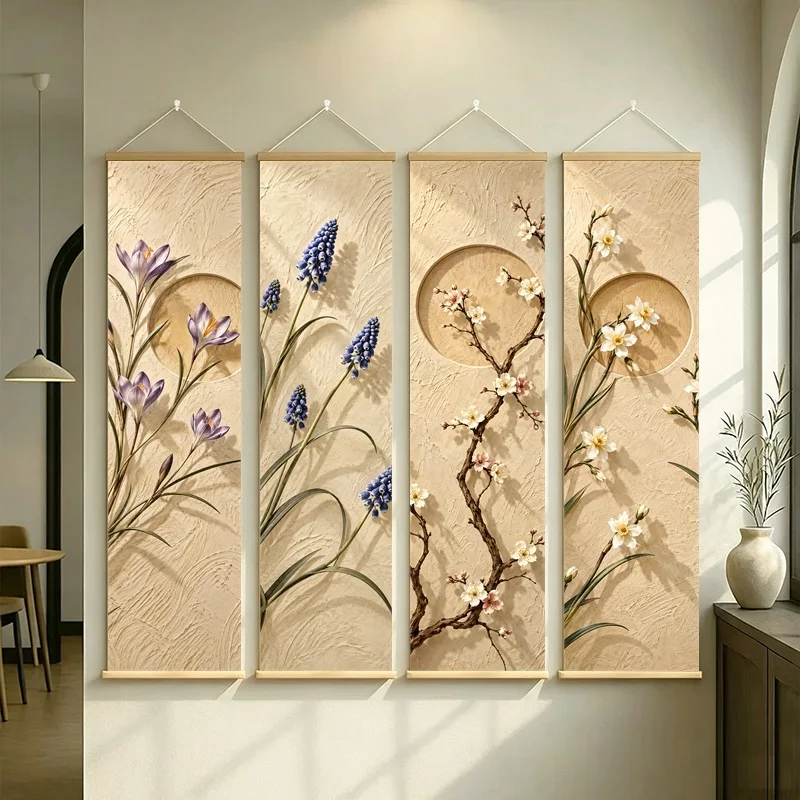 Wall Art Primrose and Crocus, Natural Wabi-Sabi Botanical Silver Shimmer Canvas Hanging Scroll for Peaceful Zen Sanctuary