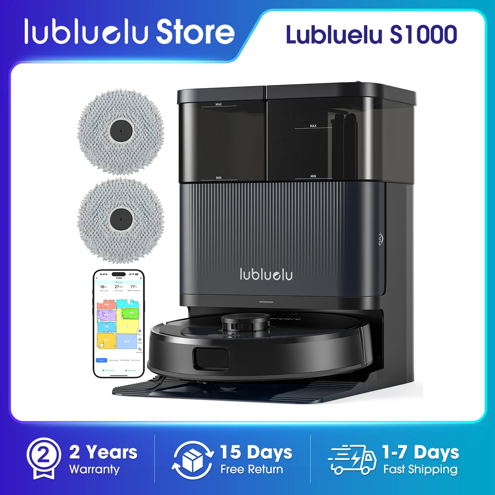 Vadrouille aspirateur robot Lubluelu S1000 avec base autonettoyante tout-en-un - Vide automatique/lavage/vadrouille sèche mains libres 10000 Pa 180 minutes d'autonomie