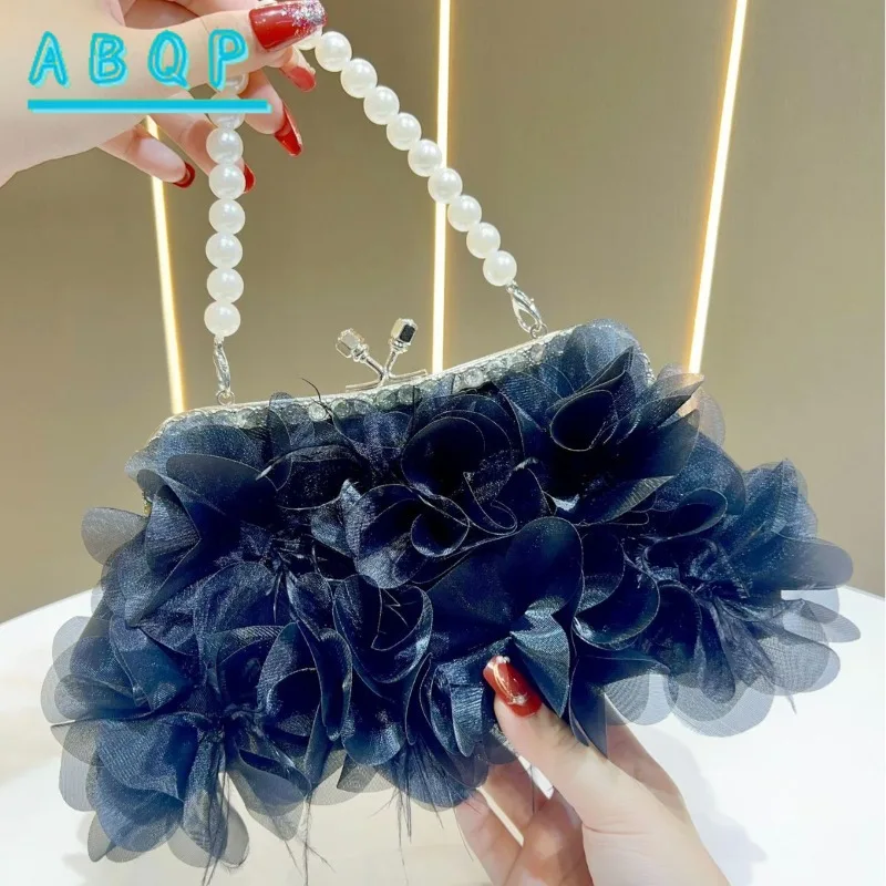 

Dinner Handbag 3D Three-dimensional Flower Shape Diamond Dinner Party Women's Handbag Pearl Chain Women's Shoulder Crossbody Bag