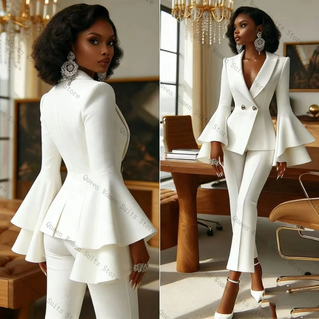 

White Women Suit Pants Set 2 Pcs Blazer+Trousers Ruffles Hem Cotton Prom Formal Office Lady Jacket Wedding Coat Customized