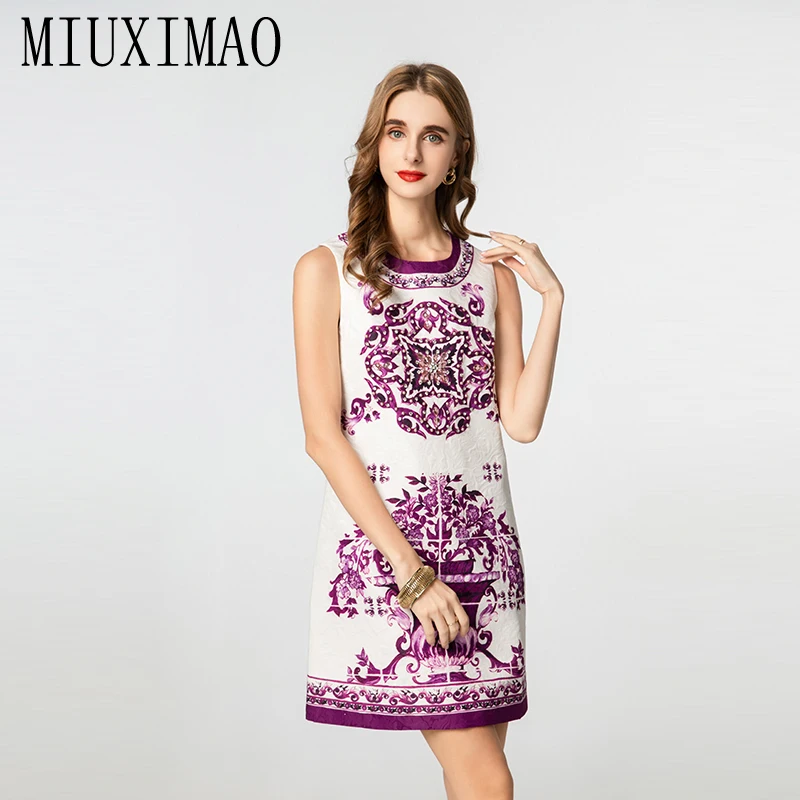 

MIUXIMAO 2025 Fashion Summer Dresses Diamonds Dress Sicilian blue and white porcelain A-LINE Mini Short Dress Women Vestidos