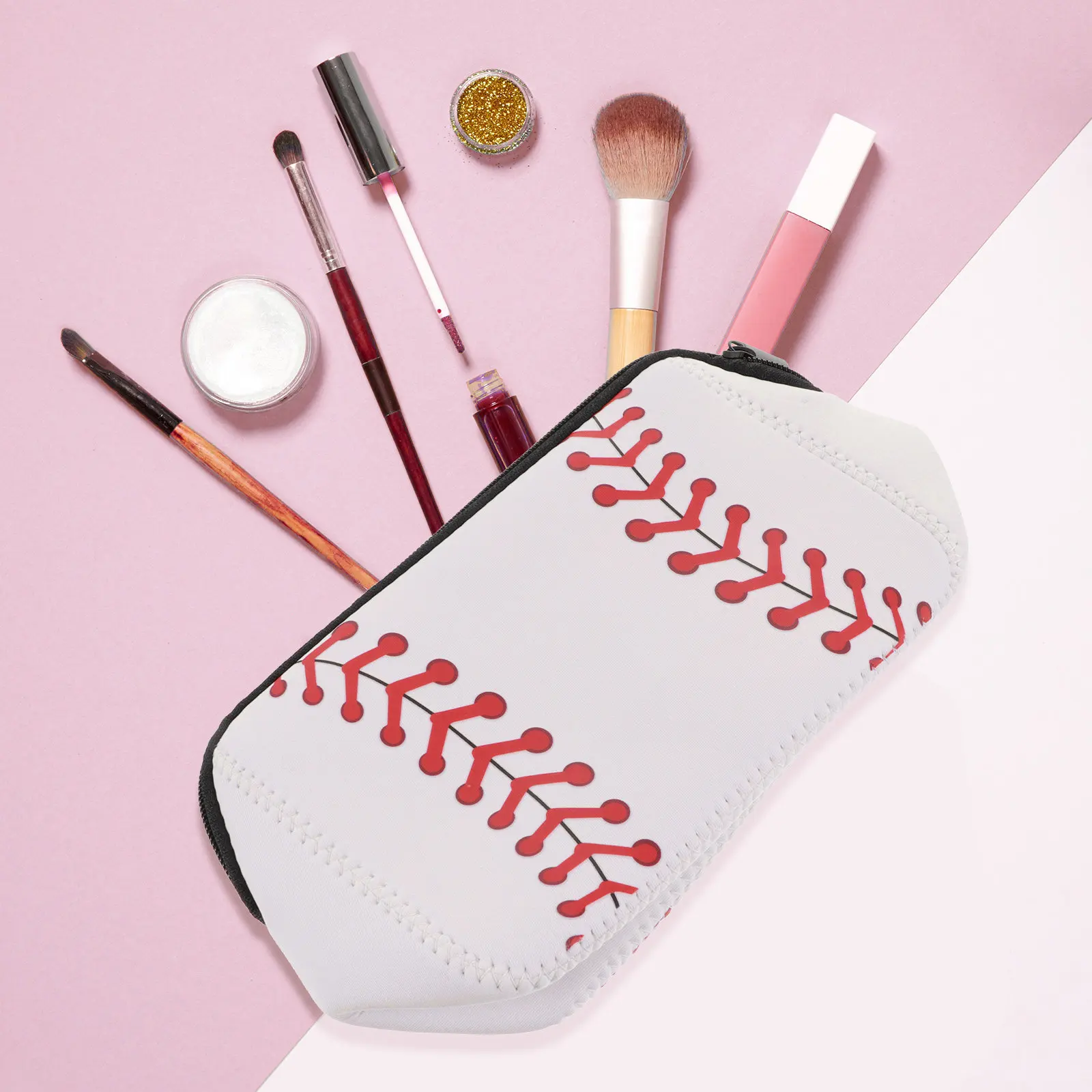 2Pcs Baseball Pattern Makeup Bag Pouch Travel Toiletry Organizer for Women Gym Camping Bathroom Outdoor Use Zipper