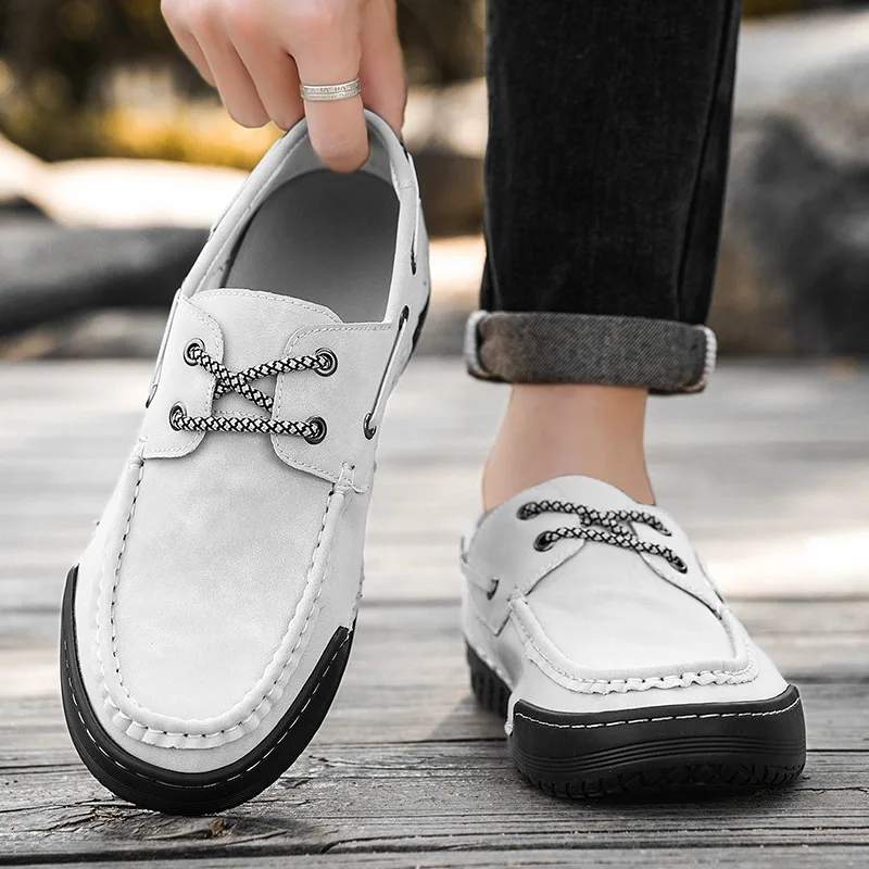 Men's suede leather handmade flat outdoor hiking casual shoes, large size workwear small leather shoes, trendy shoes