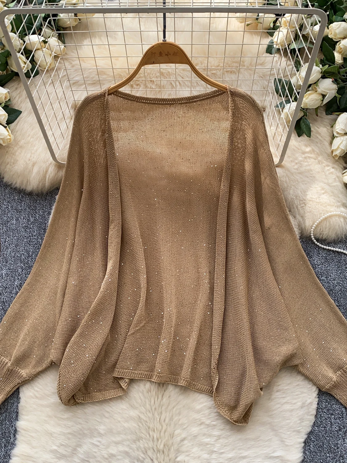 Retro Sequin Knitted Open Cardigan Women's Loose Casual Slimming Sun Protection Air Conditioning Outerwear Top 2026 Autumn Fa...