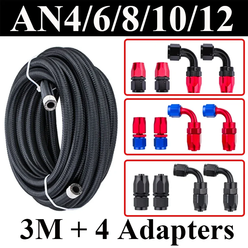 3M AN4 AN6 AN8 AN10 AN12 Fuel Hose Oil Gas Cooler Hose Line Pipe Tube Nylon Stainless Steel Braided CPE Rubber + 0 90 Fittings