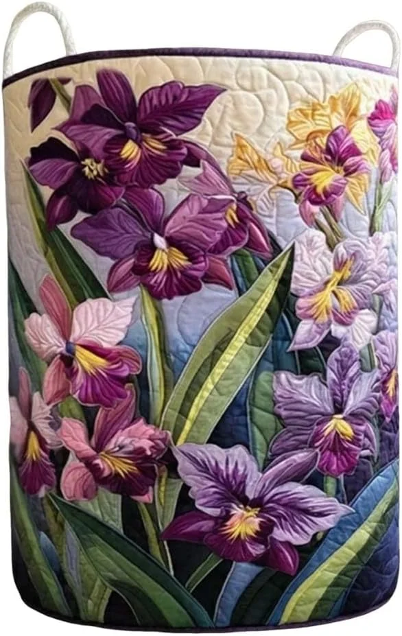 Retro Boho Quilted Storage bag, Iris Flower Floral Print bag with Handles, Large Capacity Dirty Clothes bag