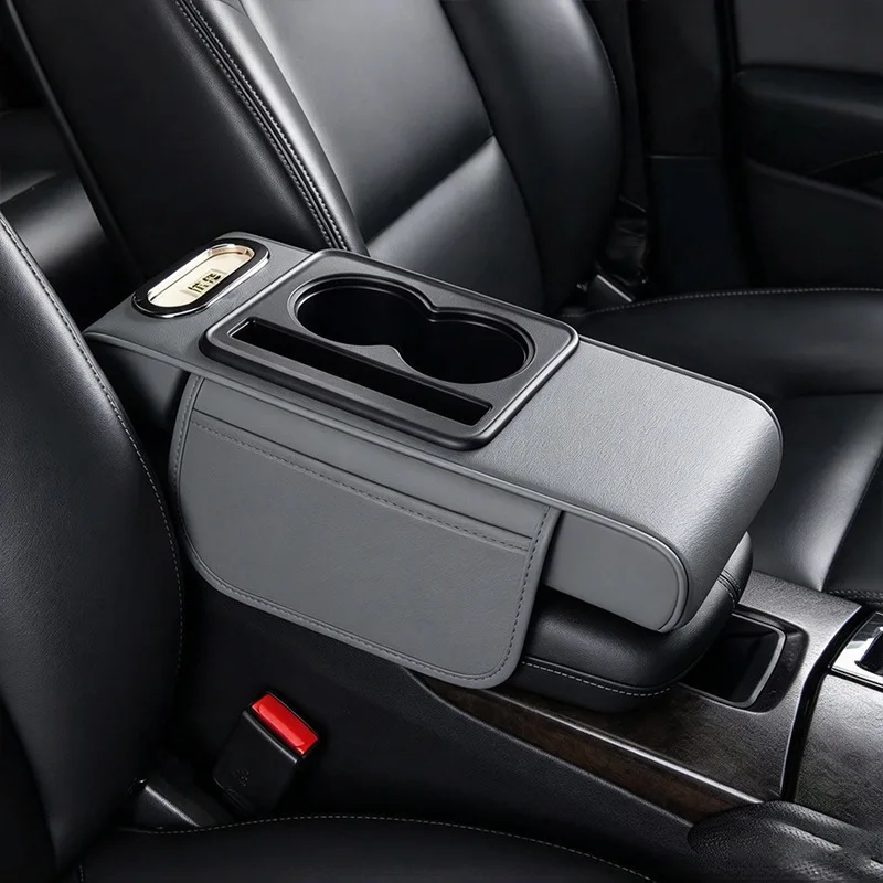 Car Center Console Height Increasing Armrest Cushion Multifunctional PU Leather Armrest Pad with Cup Holder Tissue Box Universal