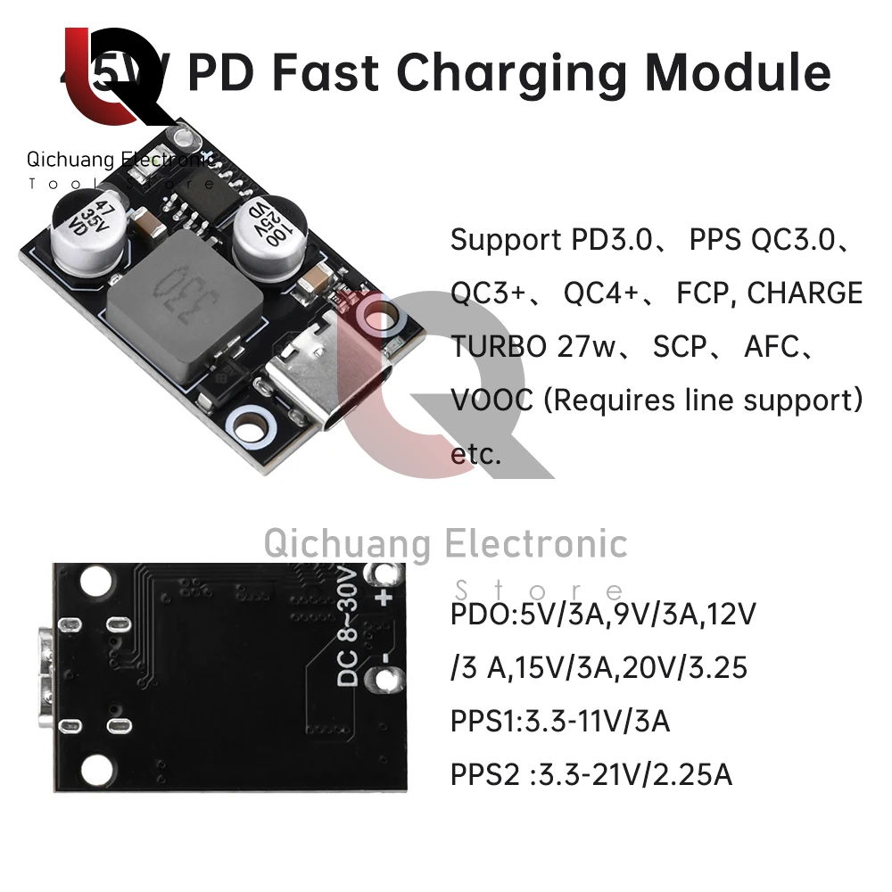 30W/45W Type-C USB QC3.0 DC-DC Buck Converter Charging Step Down Module 8-30V PPS Fast Quick Charger Circuit Board Support VOOC