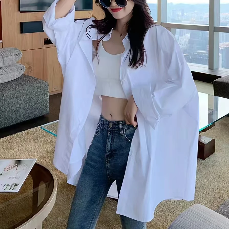 

Pure Cotton Breathable and Comfortable White Shirts Blouses Spring Summer Loose Casual Long Cardigan Shirt Top Women Clothes