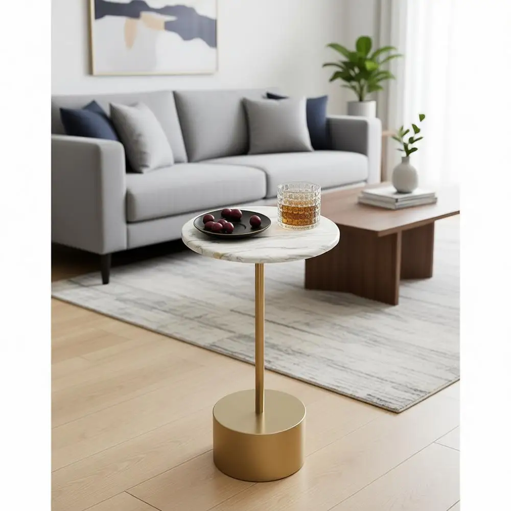 

Gold Round Pedestal Side Table for Small Spaces and Drink Serving