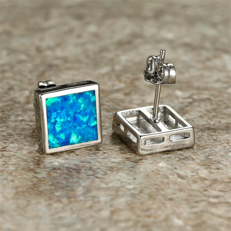 Mens Female Geometric White Blue Fire Opal Stud Earring Jewelry Double Square Earrings For Women Men Minimalist Ear Studs Gifts