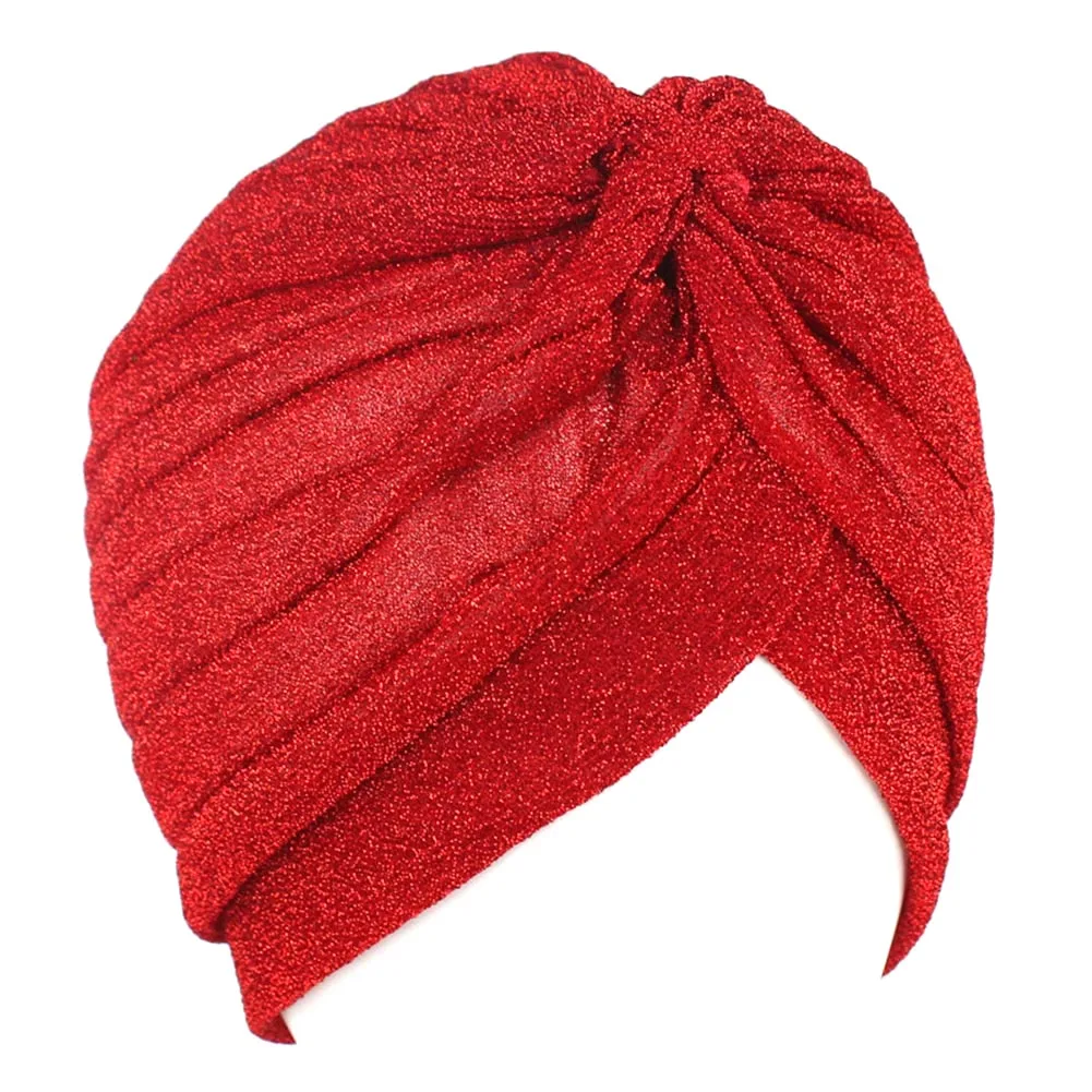 Ethnic Style Shiny Wrinkled Turban Hat Indian Knot Twist  Cap Muslim Beanie Casual Turban Cap Headwrap Women Solid Chemo Hats