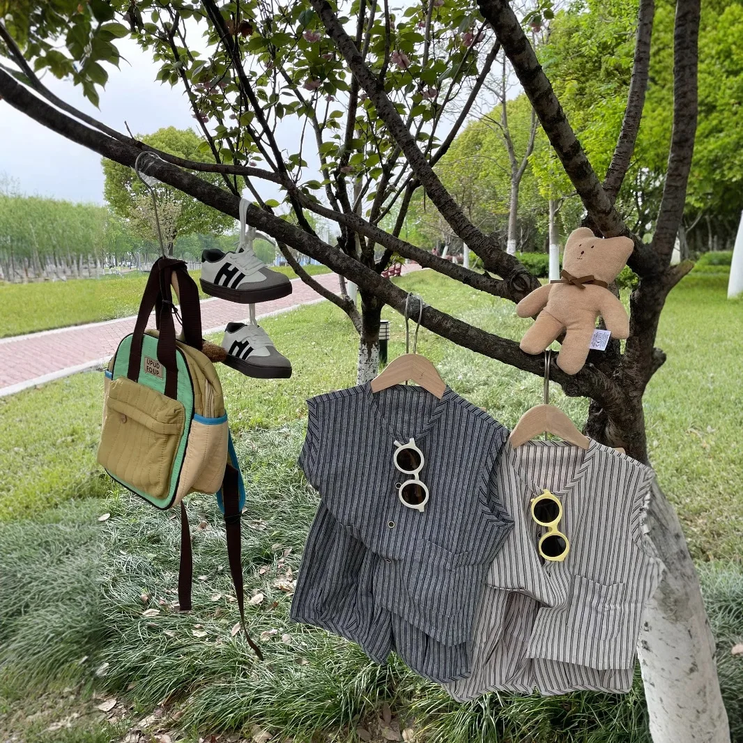2025 Summer New Boys' Girls' Set Striped Cotton Hemp Sleeveless Shirt Tank Top Fashion Mid Pants Simple Two Piece Set