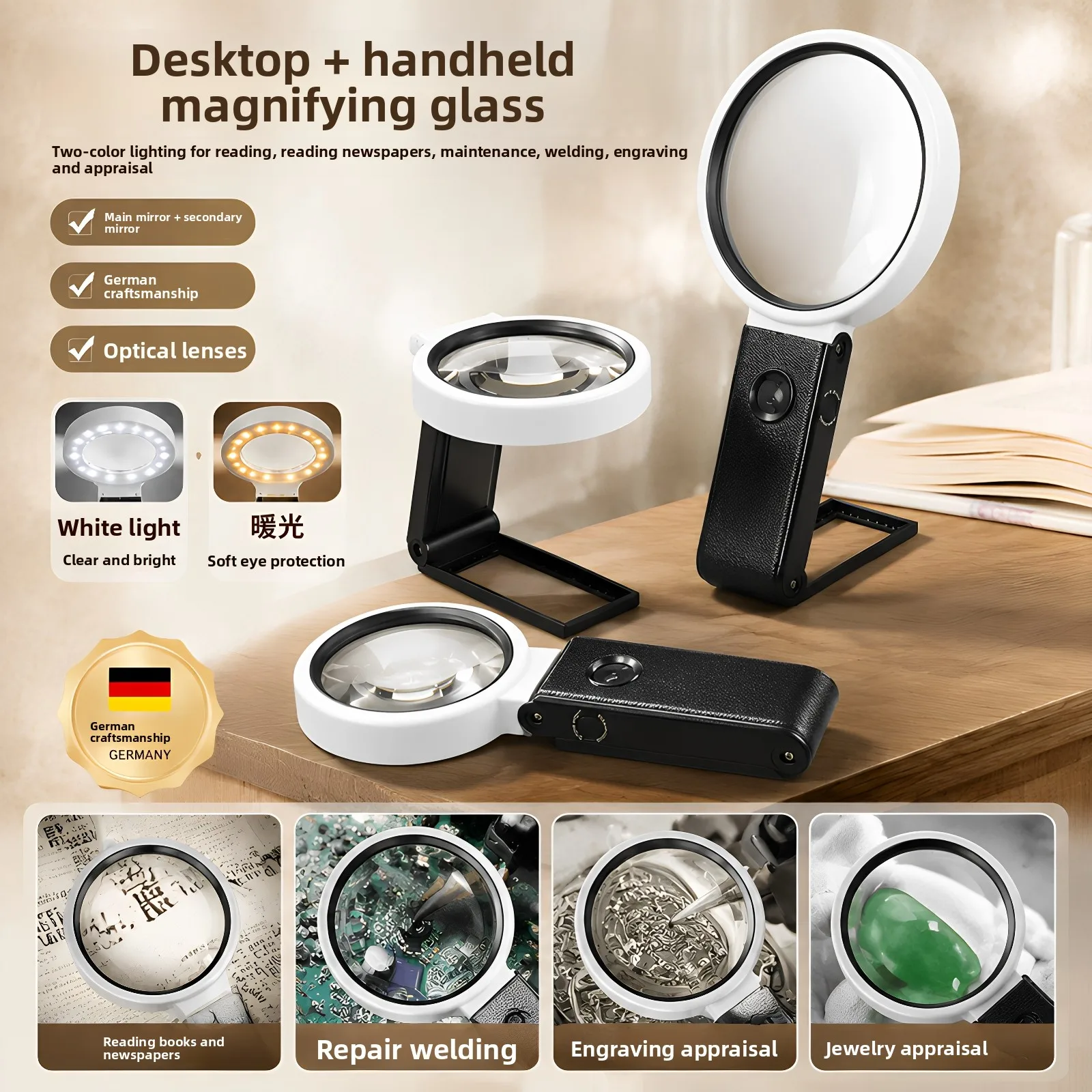 USB Rechargeable 30X 40X LED Magnifying Glass with Dual-Color Light Foldable Stand for Reading Jewelry Soldering Repair