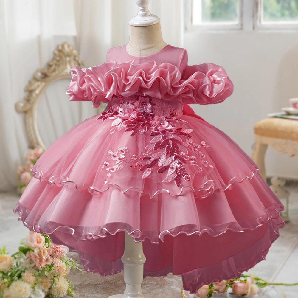 Fashion Pink Flower Girl Party Dresses Wedding Birthday Tulle Princess Dress for Kids Graduation Pageant Bridesmaid Kids Costume