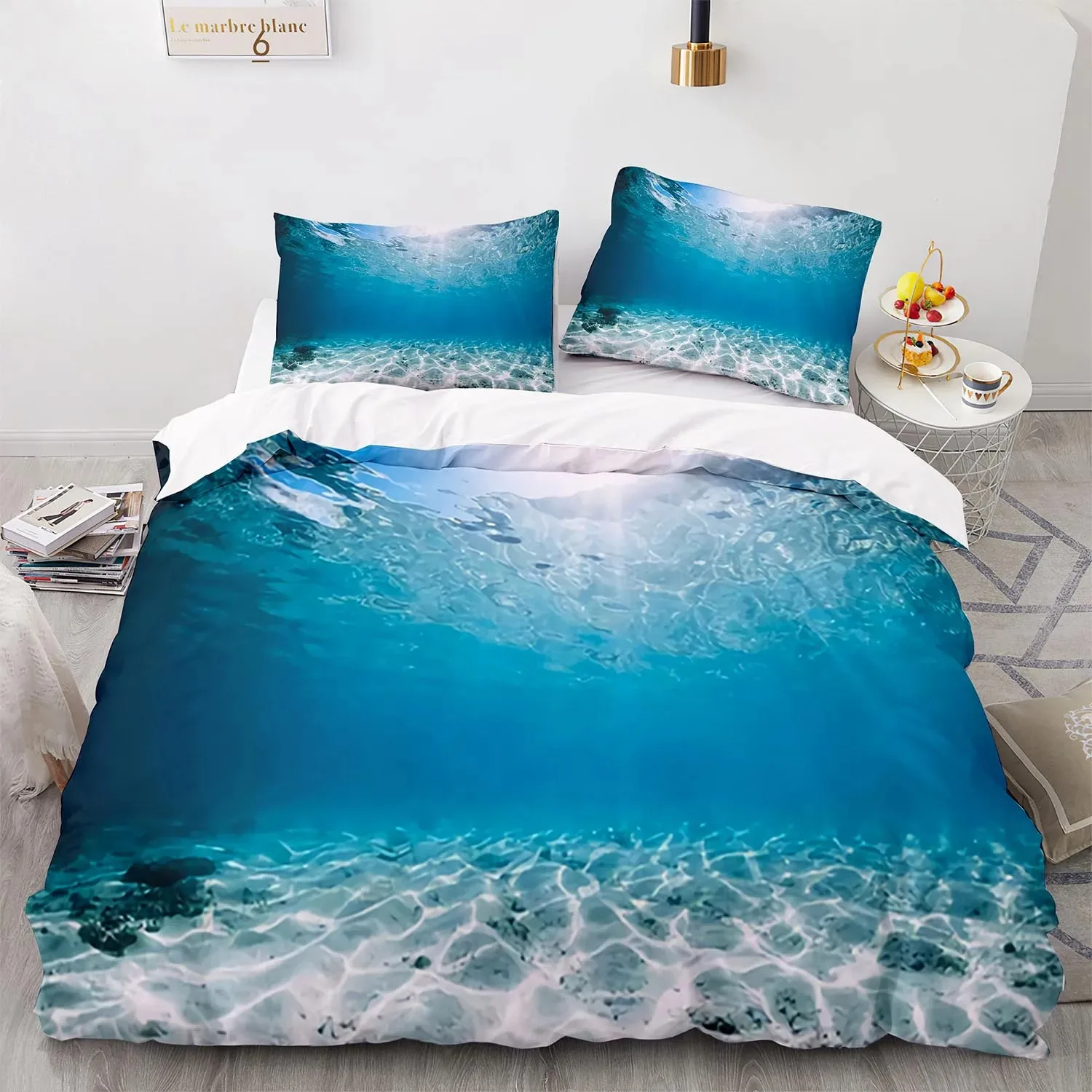 

Blue Sea World Bedding Sets 3D Print Sea Animal Dolphins Sharks And Cartoon Quilt Queen Duvet Cover Set Boys Adult Bedclothes