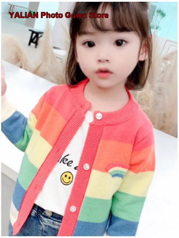 Girls Cardigan Kids Autumn Winter Rainbow Striped Knit Cardigan Stylish Top Middle Children