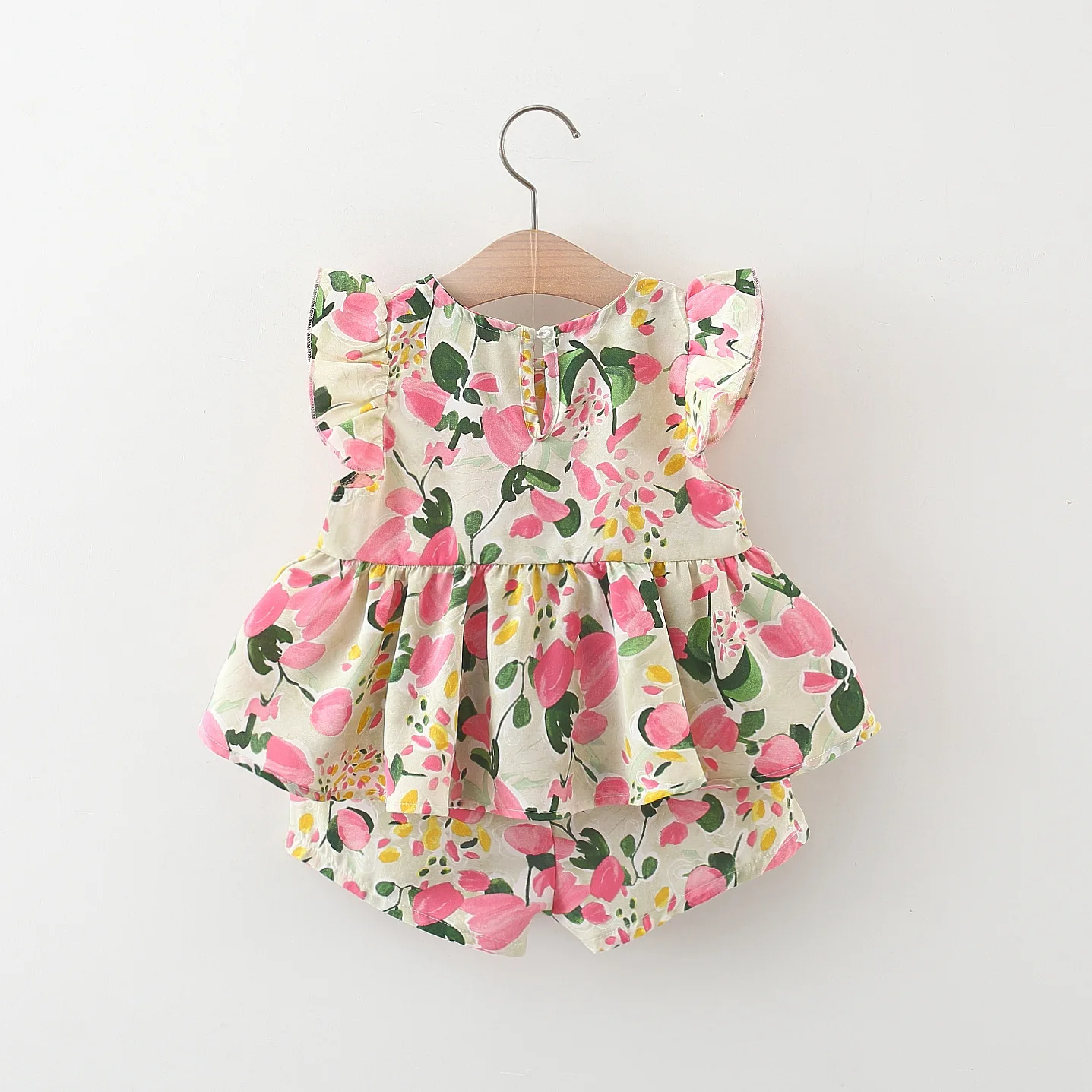 (0-3 Years Old) Summer Baby Girl Peach Print Bow Fly Sleeve Top And Shorts Set Girl Cute Cotton Two-Piece Set