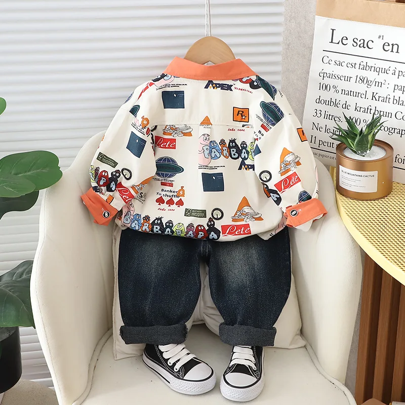 Baby Tracksuit Set 2024 Spring Korean Style Printed Turn-down Collar Shirts + White T-shirts + Jeans Children Clothes Boys Suit