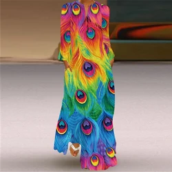 Peacock feathers Print color Dress 2022 Long Sleeve V-neck Casual Breathable Dresses Woman Elegant Girls Autumn Long Dress Women