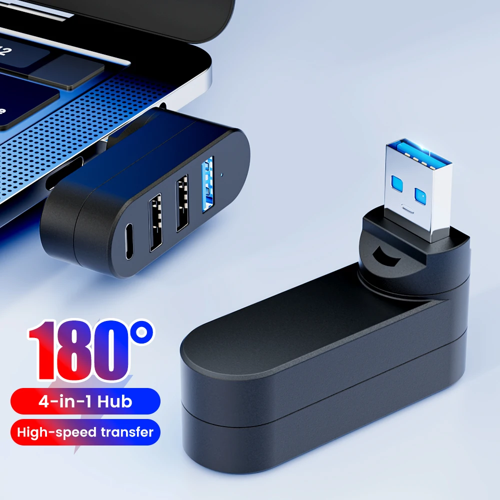 180° Rotatable 4 Port USB Hub High Speed Multi Port Hub 3.0/2.0 Type C Hub USB Splitter For U Disk Laptop MacBook PC Accessories