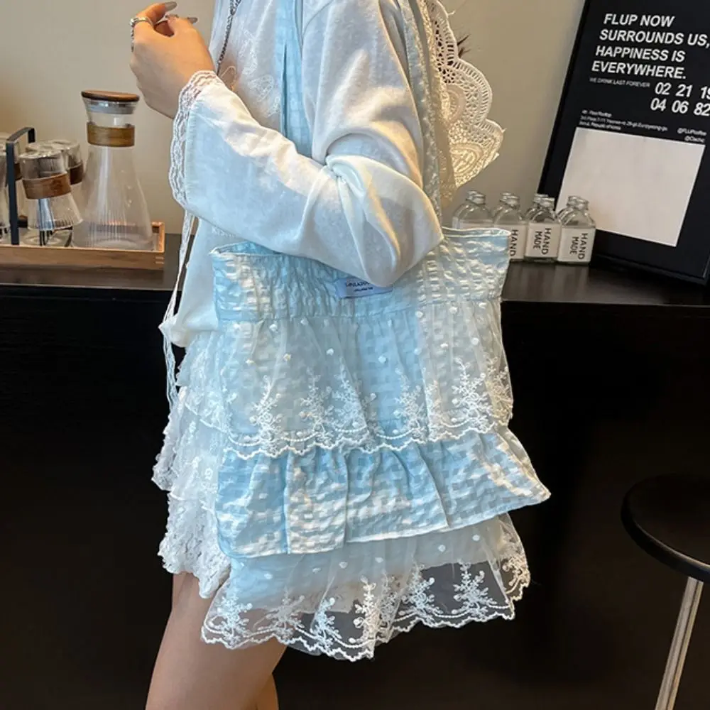

Casual Sweet Fresh Lace Handbag Cute Ruched Pastoral Style Ruffle Shoulder Bag Underarm Bag Bowknot Cloth Dumpling Bag Students