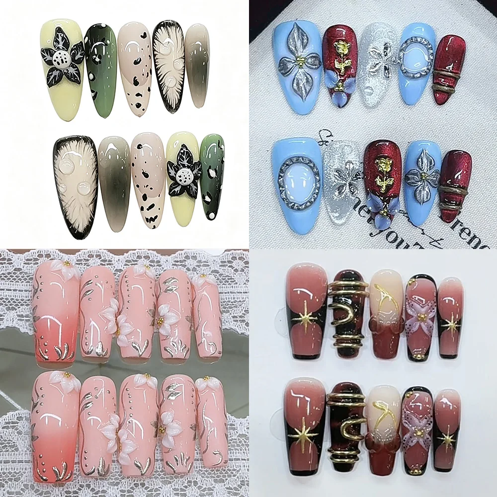 

Occidental Style Punk Personality Cool Carved Flowers Nail Art Metal Ring Stars Diamond Pearl Handmade Fake Nail Party Stickers