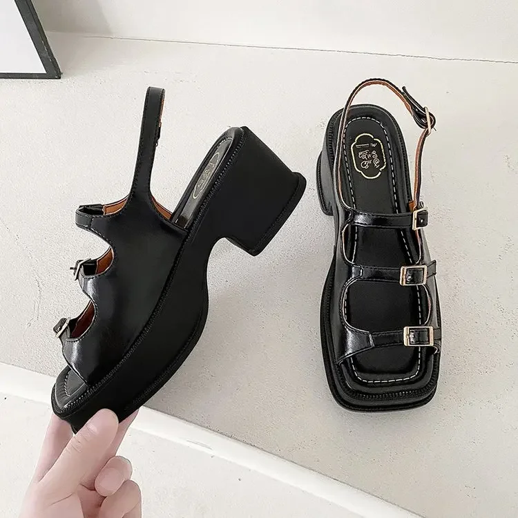 2022 New Thick Sole Sandals Ladies Soft and Comfortable Pin Buckle Elastic Strap Roman Style Sandals Hollow Buckle Solid Color