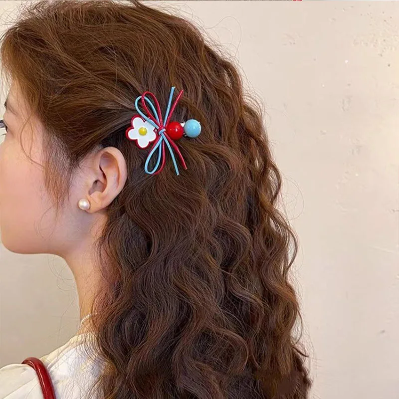Immagine 4: Fermaglio per capelli coreano con fiorellino e fiocco, grazioso ornamento per capelli da donna e ragazza, forcina a becco d'anatra, accessorio per capelli alla moda