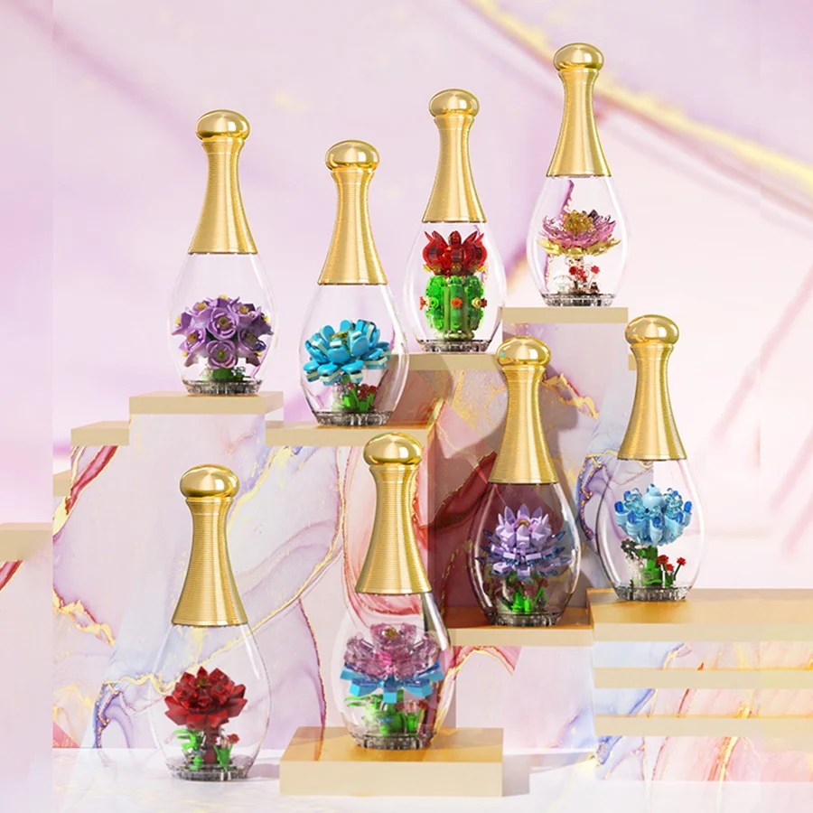 Simulated Succulent Flower Perfume Vase Assembling Small Particle Building Block Desktop Decoration Model Children Toy Girl Gift