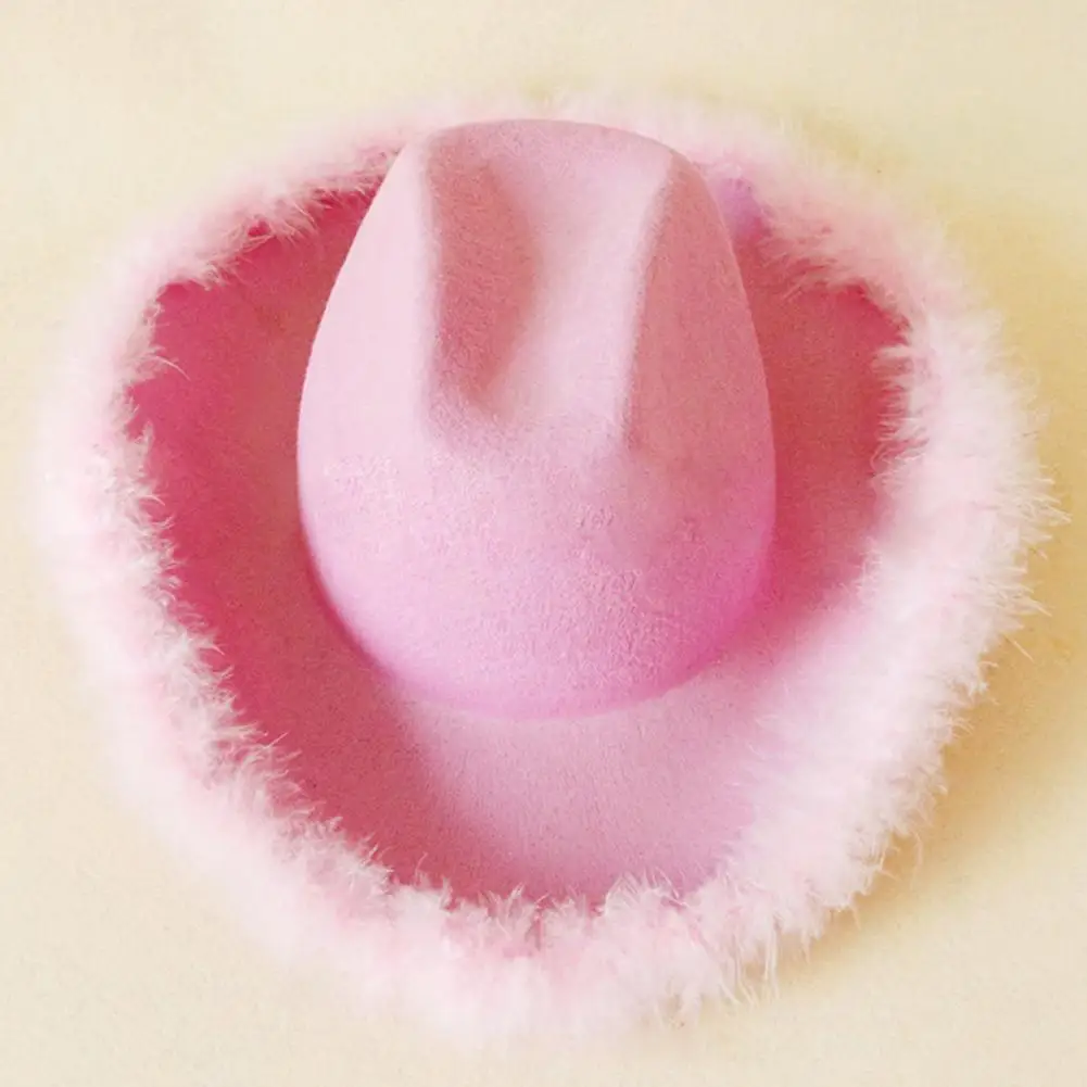 Pink Cowgirl Hat With Feather Trim Fluffy Feather Brim Adult Cowboy Hat Rolled Fedora For Bachelorette Costume Theme Party