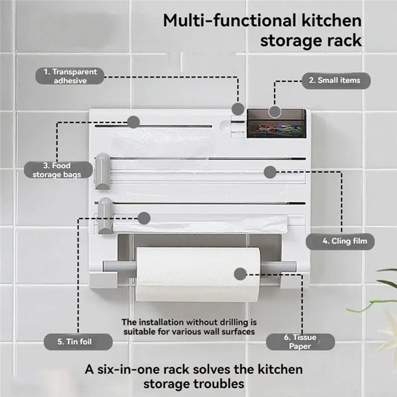 ABKP-Wall-Mounted Cling Film Storage Box, Multifunctional Kitchen And Household Storage Rack, Cutter Holder, Paper Holder