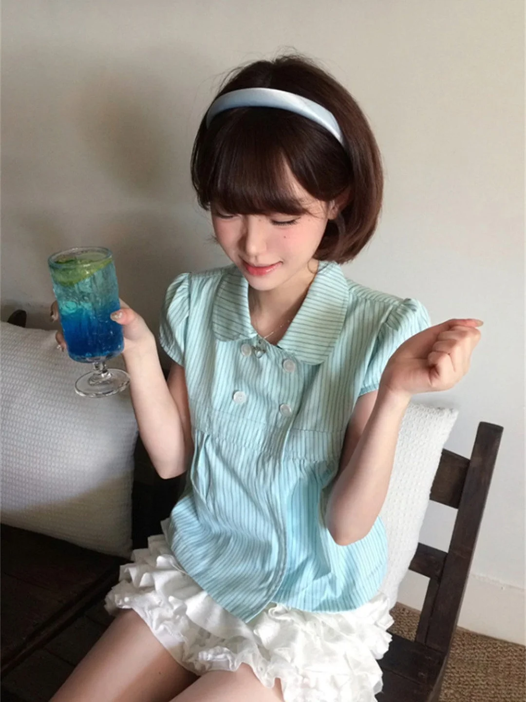 

Girls Striped Loose Short Sleeve Shirt Button Design Breathable Cotton Polyester Blend Summer Fashionable Casual Top