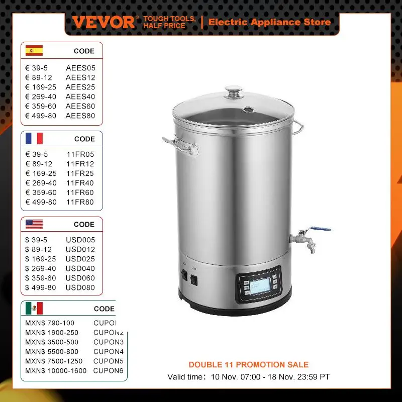 VEVOR Electric Brewing System 8 GALLON Brewing Stock Pot All-in-One Home Beer Brewer 304 Stainless Steel Brewing Supplies