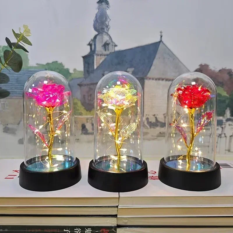 Valentine's Day Preserved Flower Glass Cover Colorful Rose LED Light Desktop Ornament Birthday Gift Manufacturer Spot