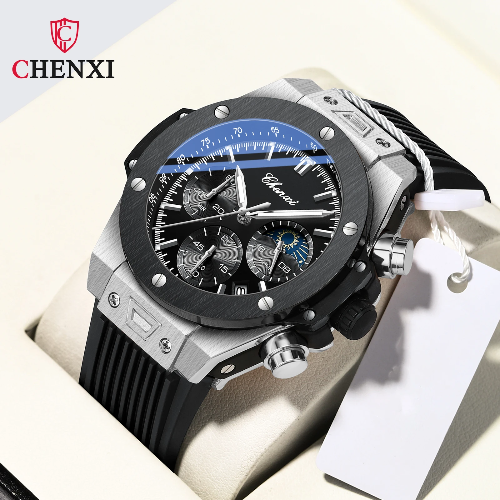 

New CHENXI Top Brand Silicone Sport Watch For Men Multi-functional Moon Phase Calendar Quartz Men Watches Chronograph Clock Mans