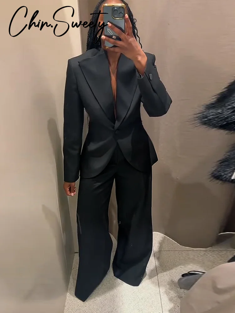 

Элегантный однотонный пиджак, брюки, женский наряд, повседневное пальто на пуговицах с длинными рукавами, прямые брюки на молнии, 2026, весенне-летний женский костюм
