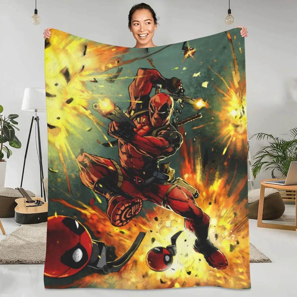 Super Warm Blankets Picnic Miniso Cartoon Anime Deadpool Throw Blanket American Film Flannel Bedspread For Bed Sofa Bed Cover